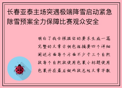 长春亚泰主场突遇极端降雪启动紧急除雪预案全力保障比赛观众安全